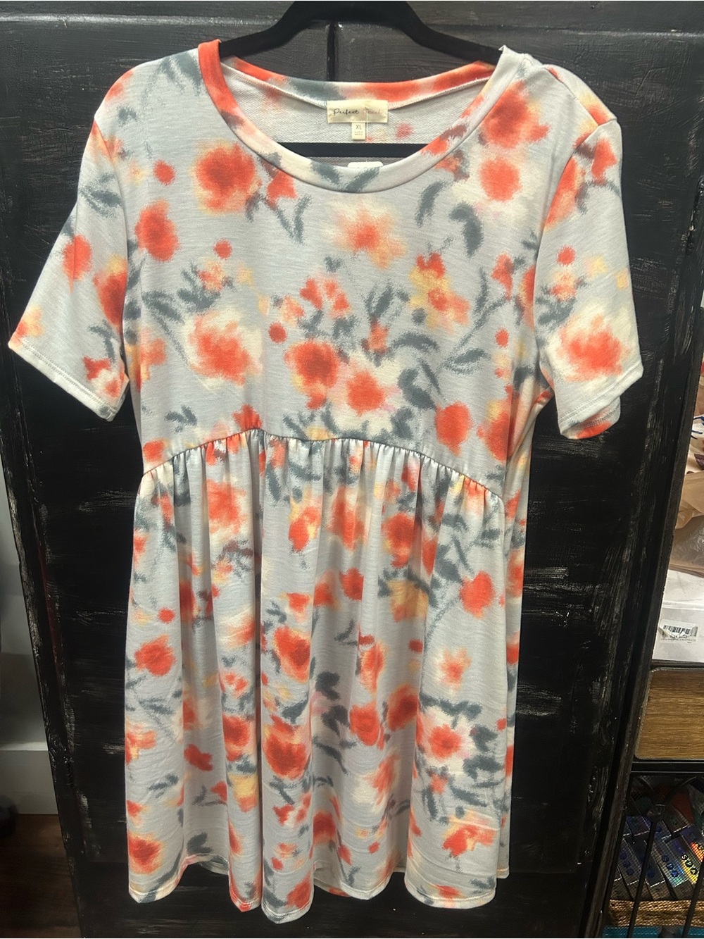 Gray Floral Short Sleeve Dress - Orange Accents